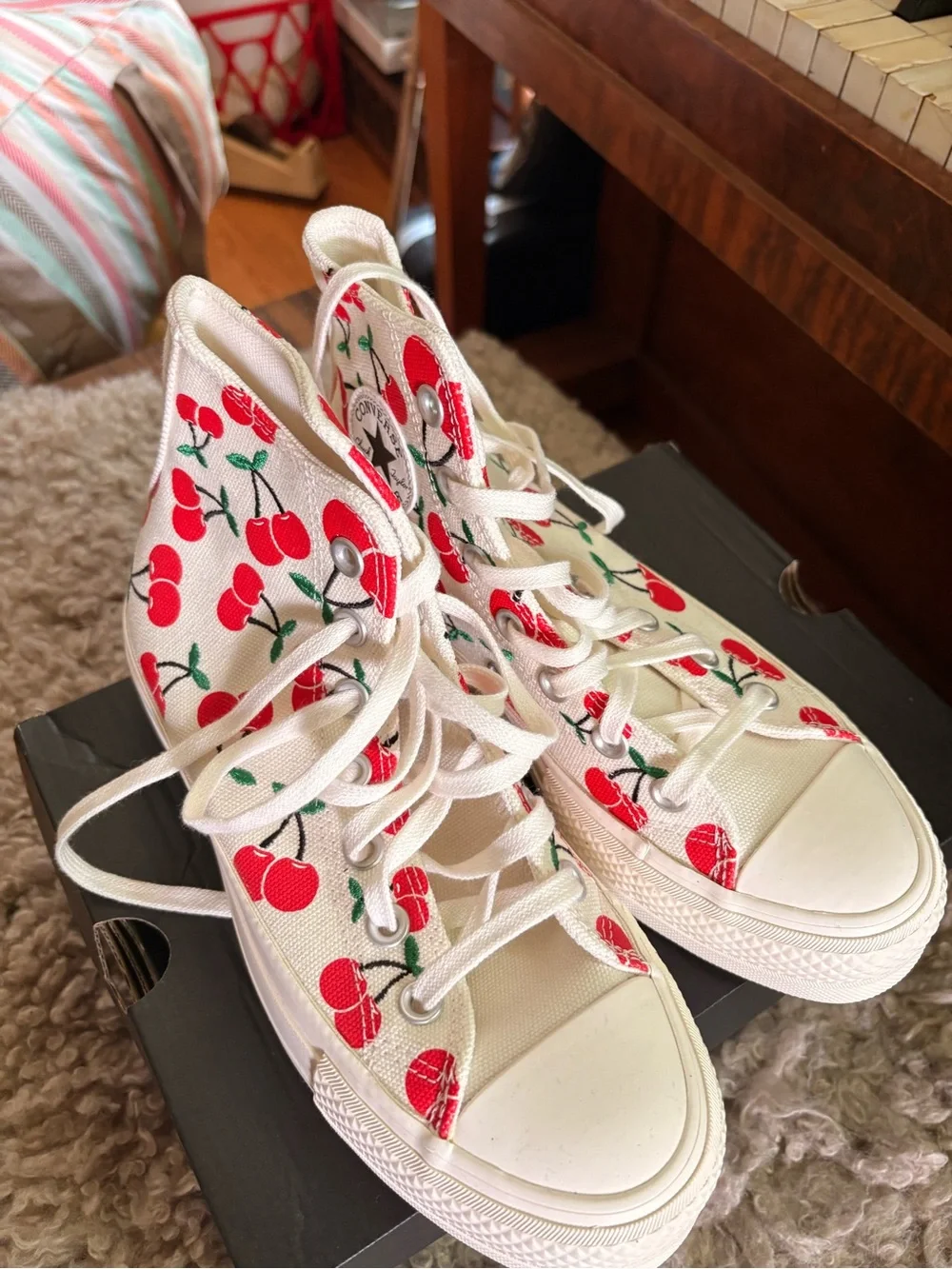 Converse Kids High Top Sneakers in White with Red Cherry Print